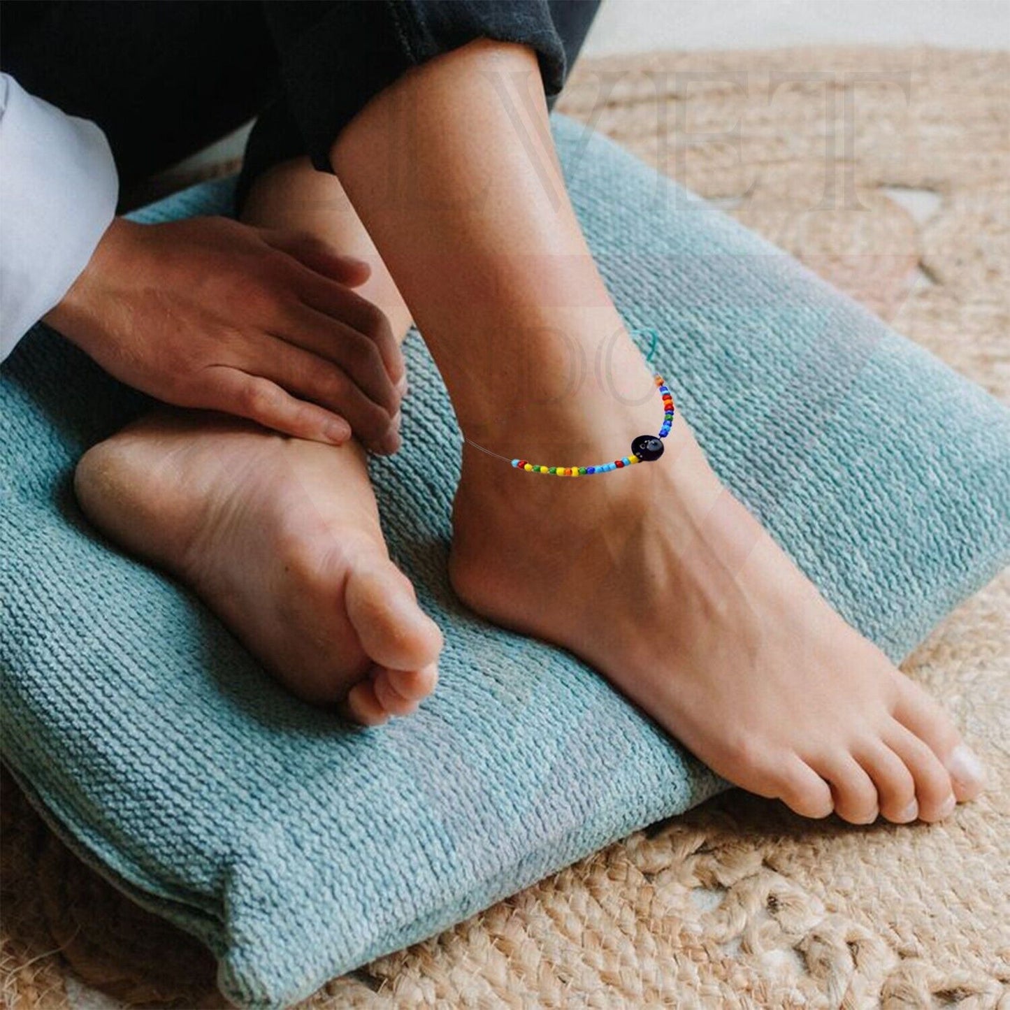 Evil Eye Anklet Bracelet Colourfull Beads Slim Chain Boho Beach Black