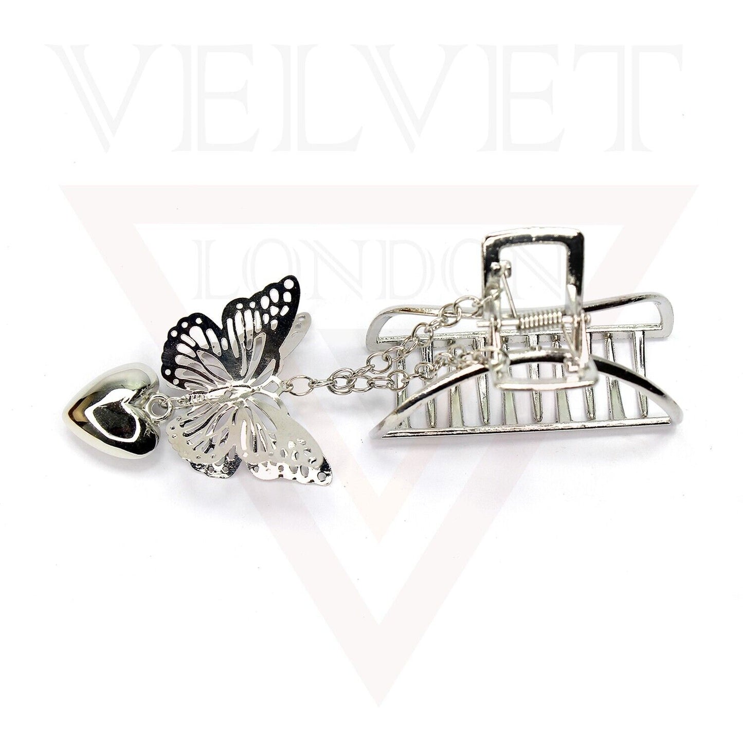 Big Hair Claw D-Shape Metal Heart Dangle Butterfly Clips Silver Hair Barrette