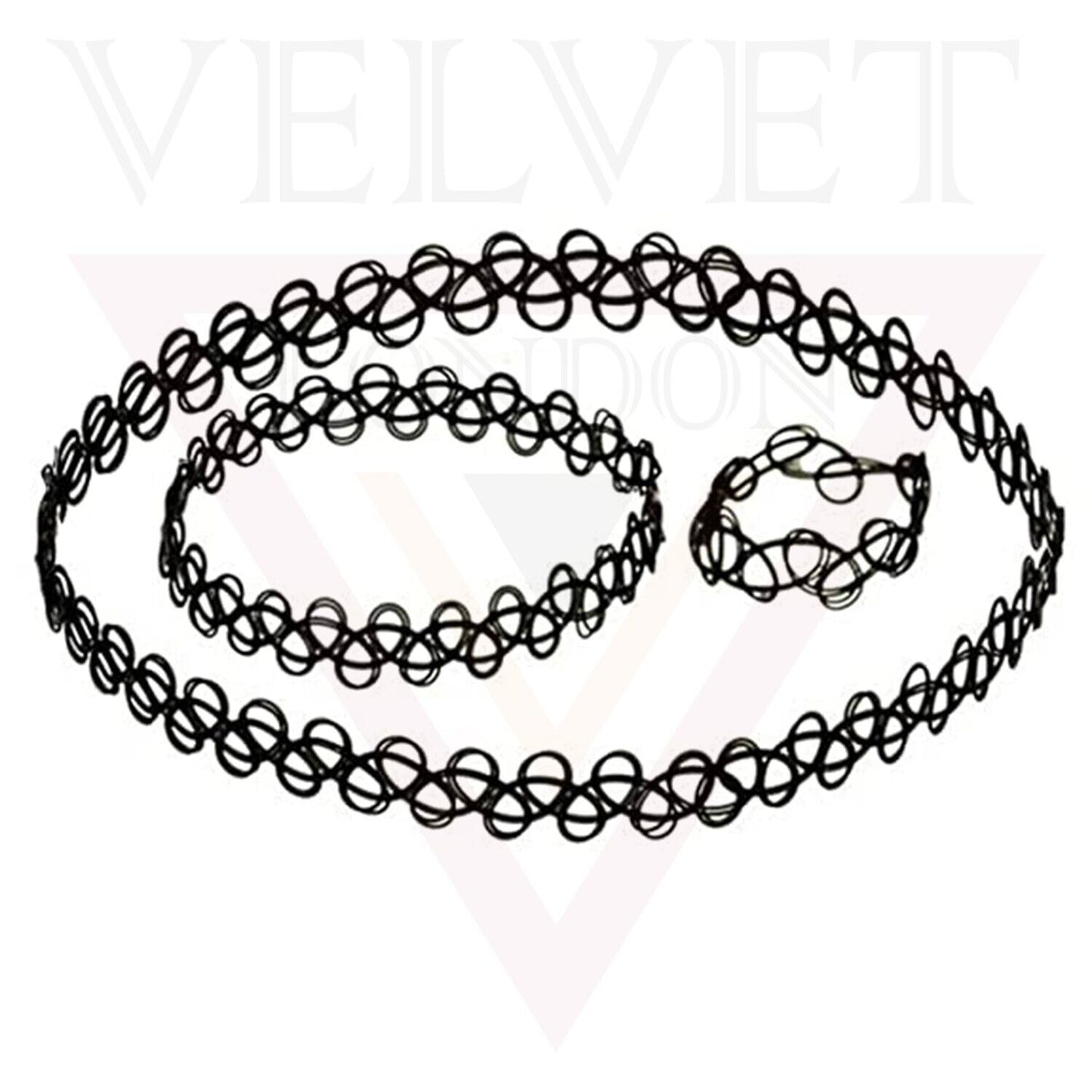 Tattoo Necklace Rings Bracelet Set Black Choker Retro Style Stretchable Handmade