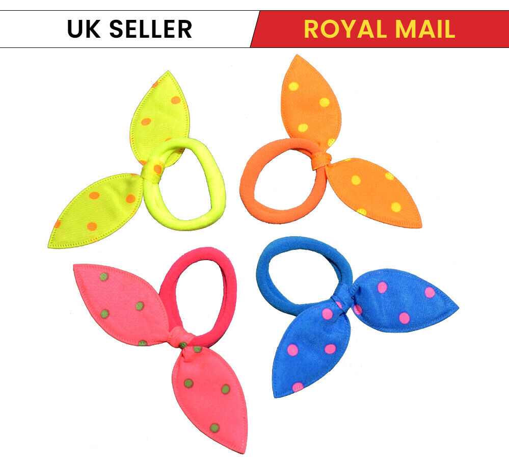 4x Scrunchies Hair Band Dotted Bow Neon Bobble Ponytail Holder Girls Hair Ties