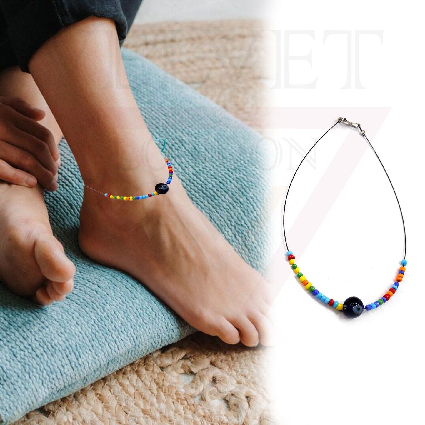 Evil Eye Anklet Bracelet Colourfull Beads Slim Chain Boho Beach Black