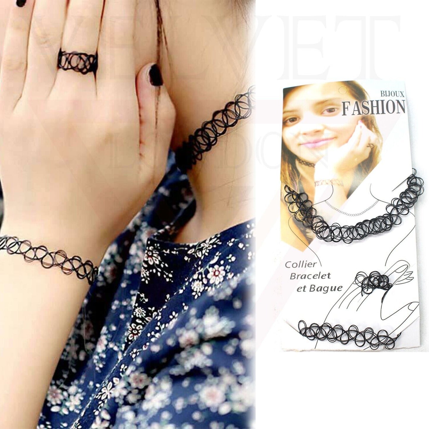Tattoo Necklace Rings Bracelet Set Black Choker Retro Style Stretchable Handmade