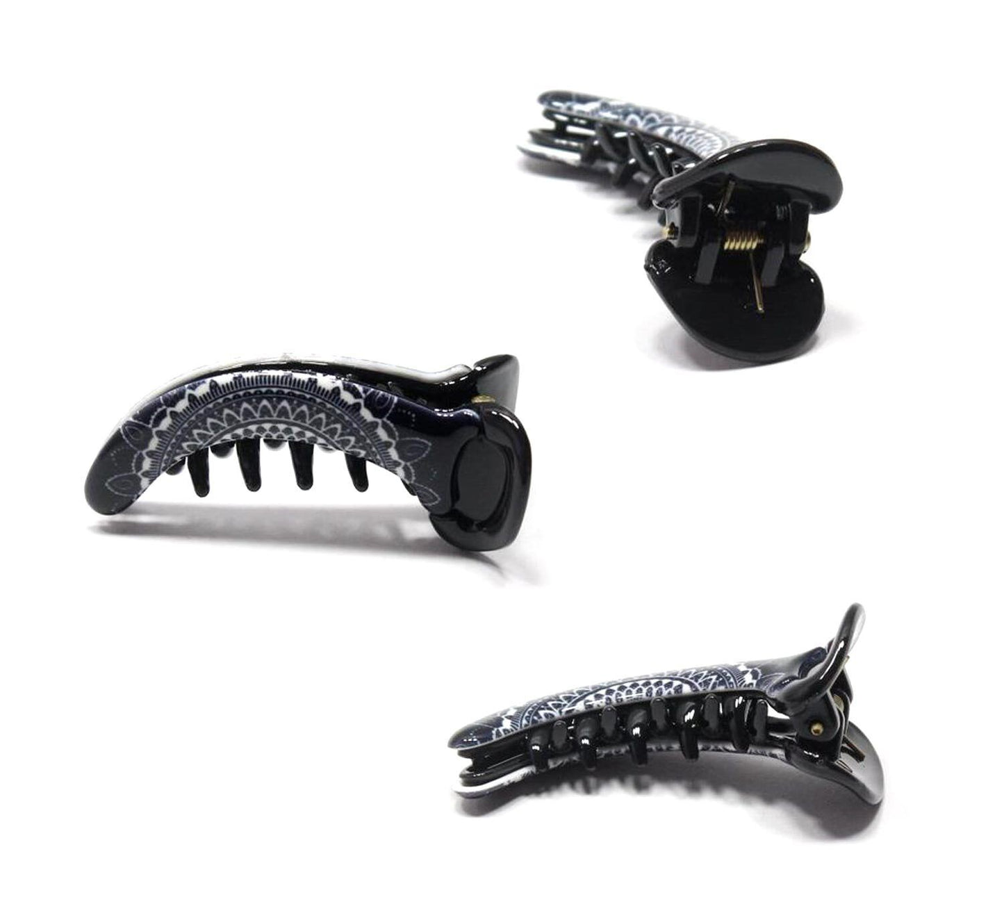 3x Black Hair Clips White Print Mirchi Clips Non-slip Barrate Girls Banana Clips