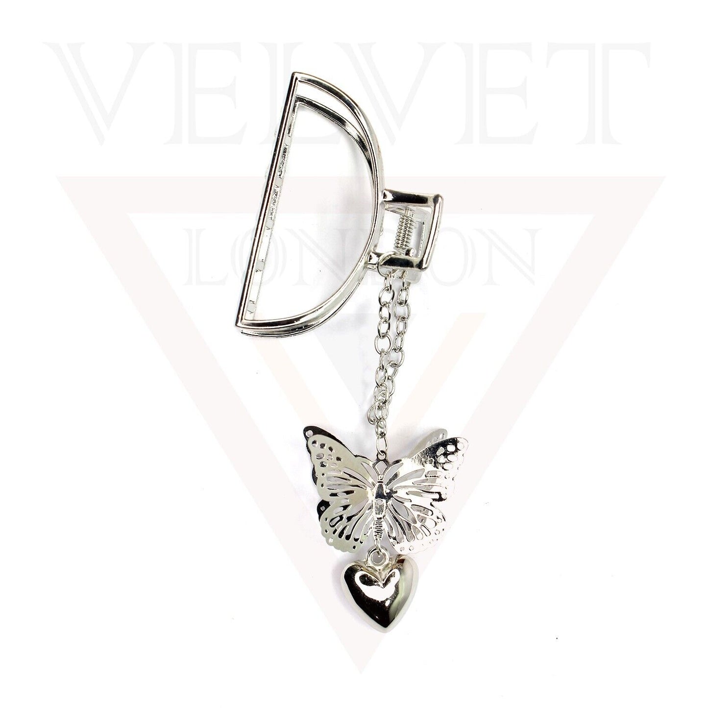 Big Hair Claw D-Shape Metal Heart Dangle Butterfly Clips Silver Hair Barrette