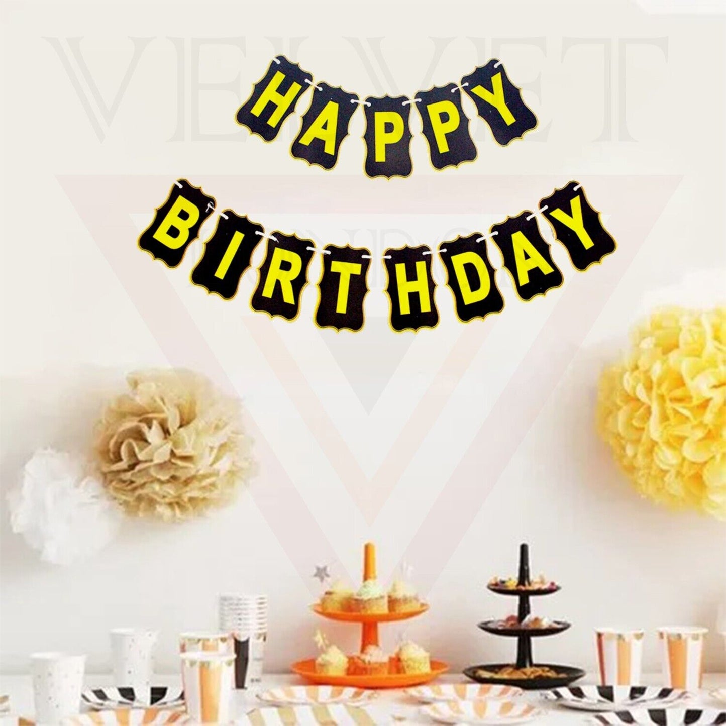 Happy Birthday Banner Black and Gold Birthday Banner Ribbons For Parties
