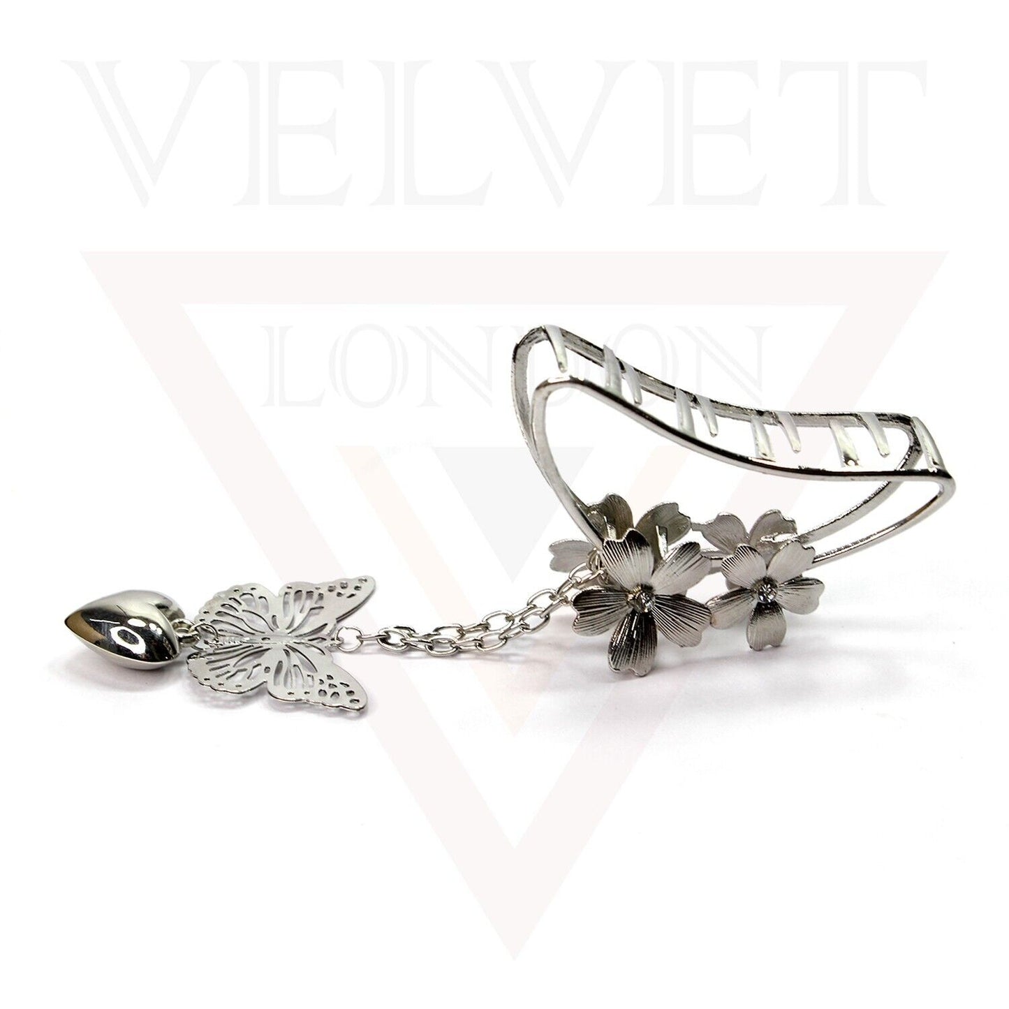 Dangle Butterfly Hair Claw D-Flower Metal Silver Hair Barrette Clips Large Grips