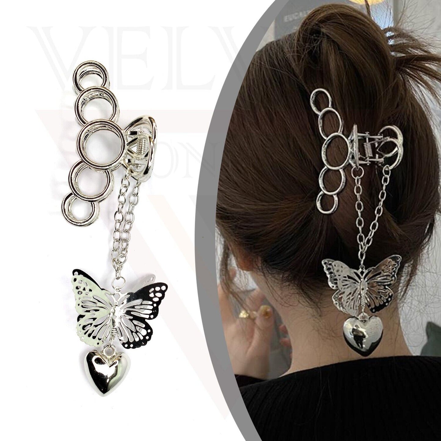 Hair Claw Clips Drop Dangle Hair Clamp Heart Butterfly Metal Non-Slip Round Pins