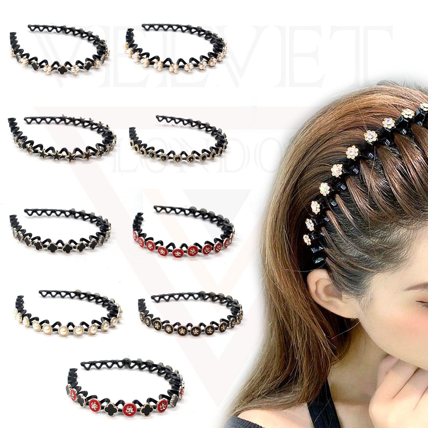 3Pcs Unbreakable Hair Band Diamond Pearl Headbands Non-Slip Teeth Hair Hoop
