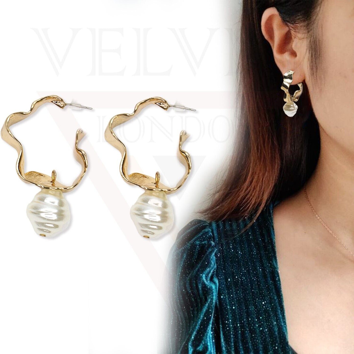 Drop Earrings Gold Long Wave Shape Pearl Drop Dangle Stud Earrings For Ladies