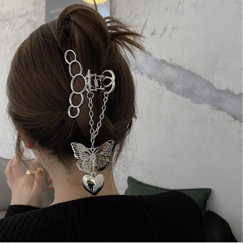 Hair Claw Clips Drop Dangle Hair Clamp Heart Butterfly Metal Non-Slip Round Pins
