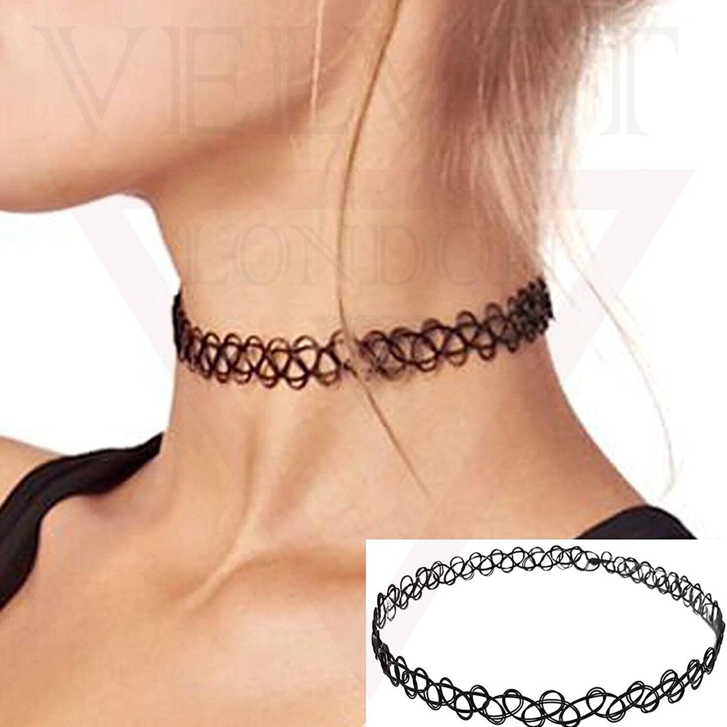 Tattoo Necklace Rings Bracelet Set Black Choker Retro Style Stretchable Handmade