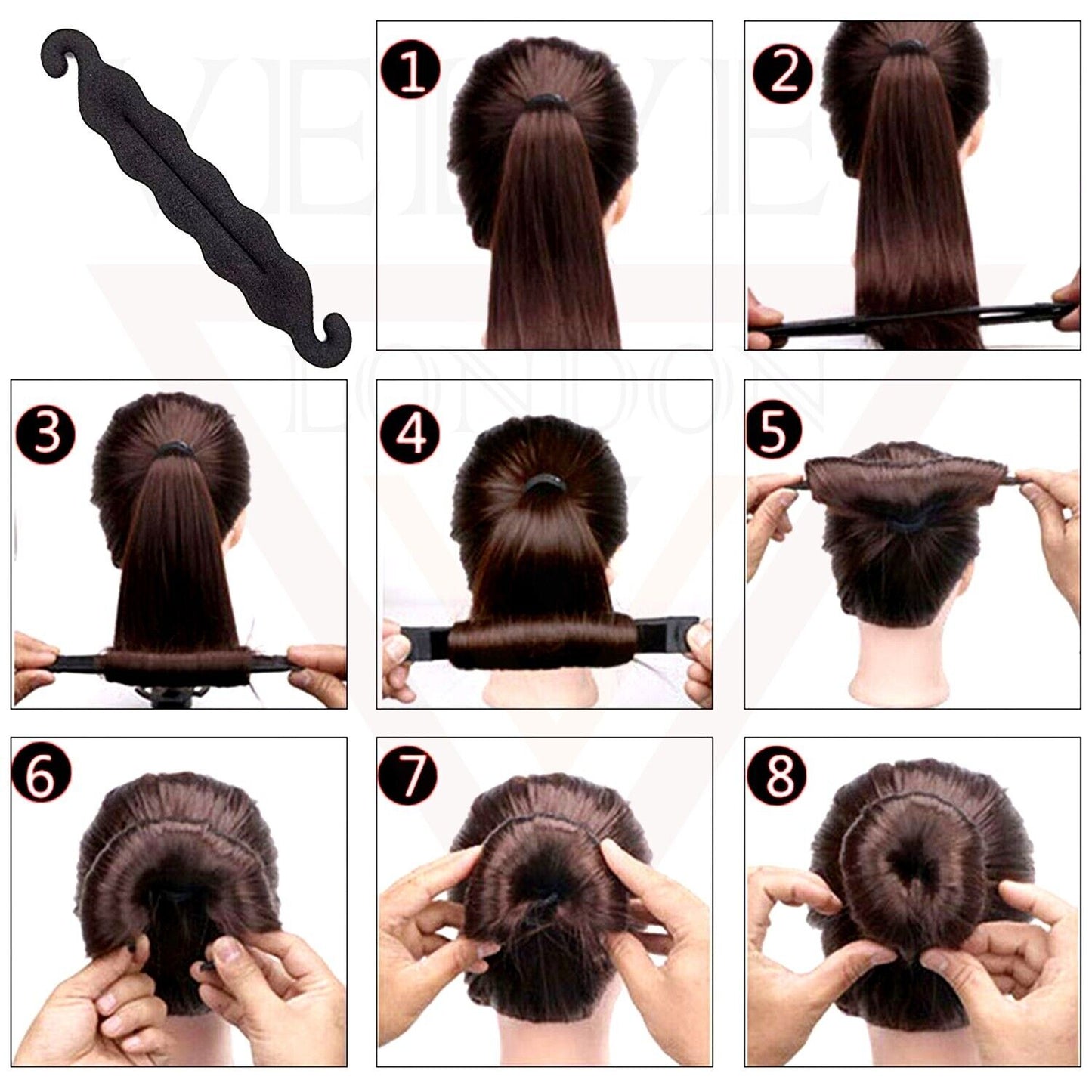 2Pcs Black Bun Maker Sponge Clip Curler Ring Twist Hair Styling Tool Donut Ring