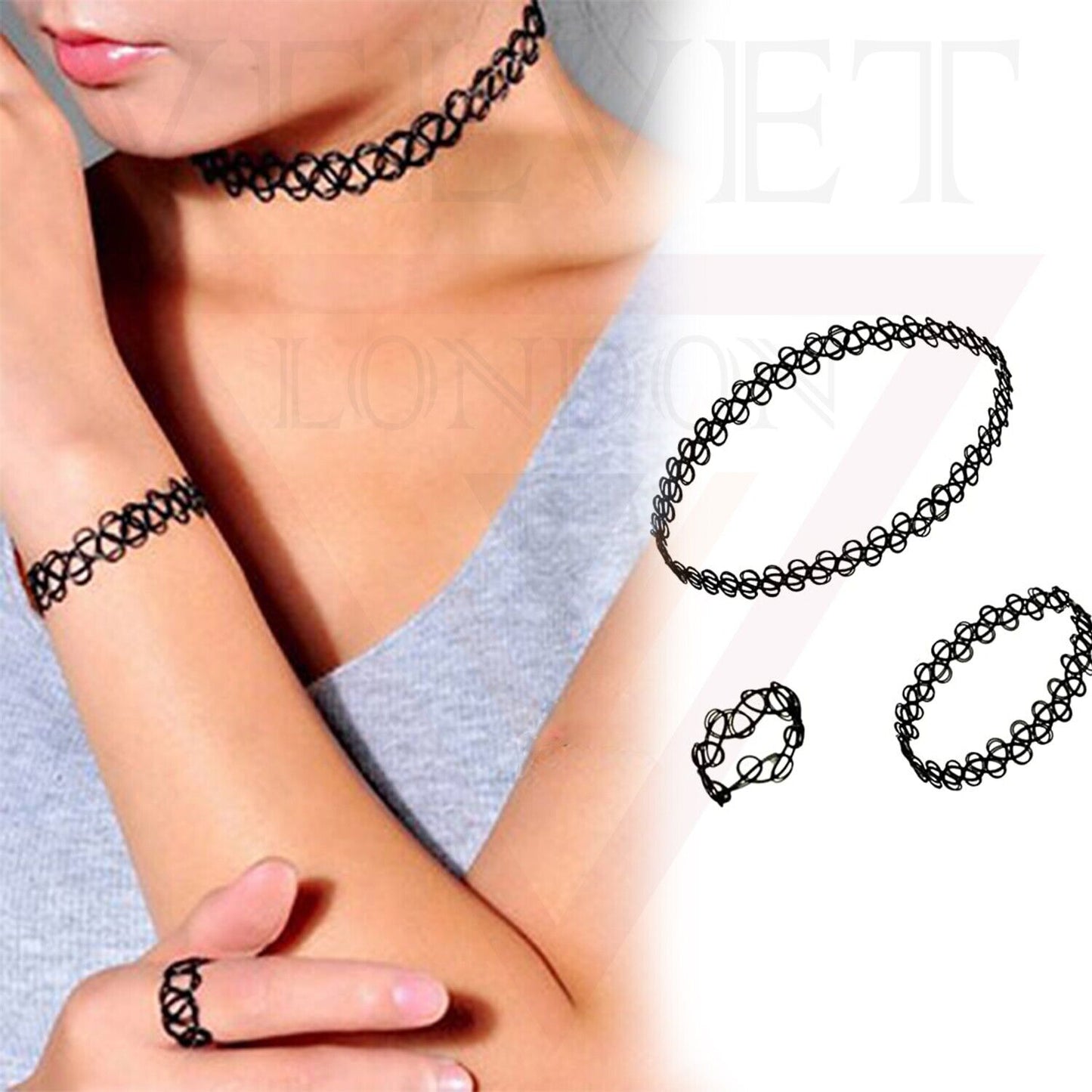 Tattoo Necklace Rings Bracelet Set Black Choker Retro Style Stretchable Handmade
