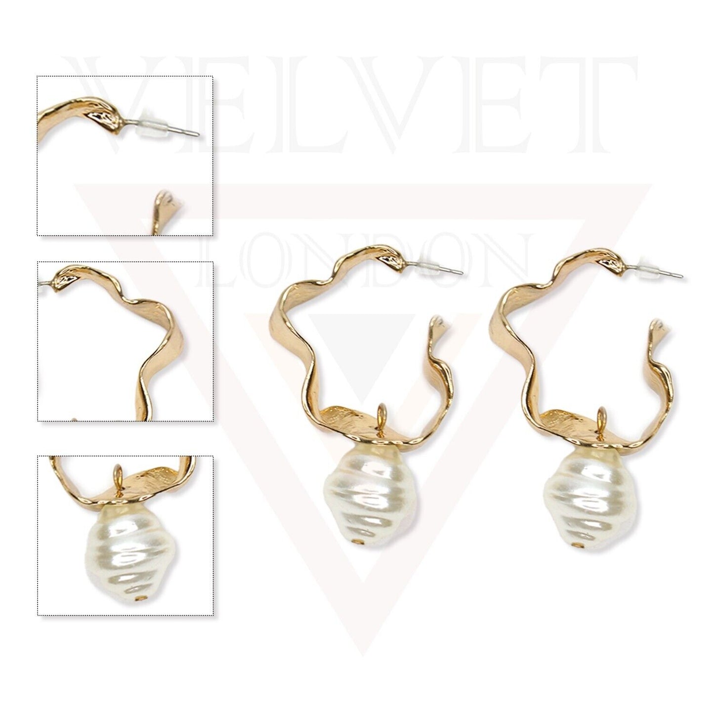 Drop Earrings Gold Long Wave Shape Pearl Drop Dangle Stud Earrings For Ladies