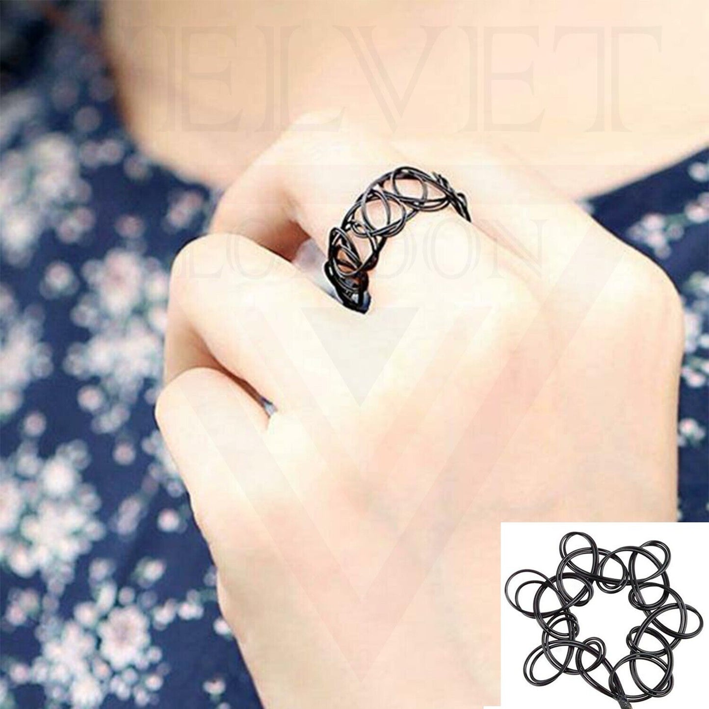 Tattoo Necklace Rings Bracelet Set Black Choker Retro Style Stretchable Handmade