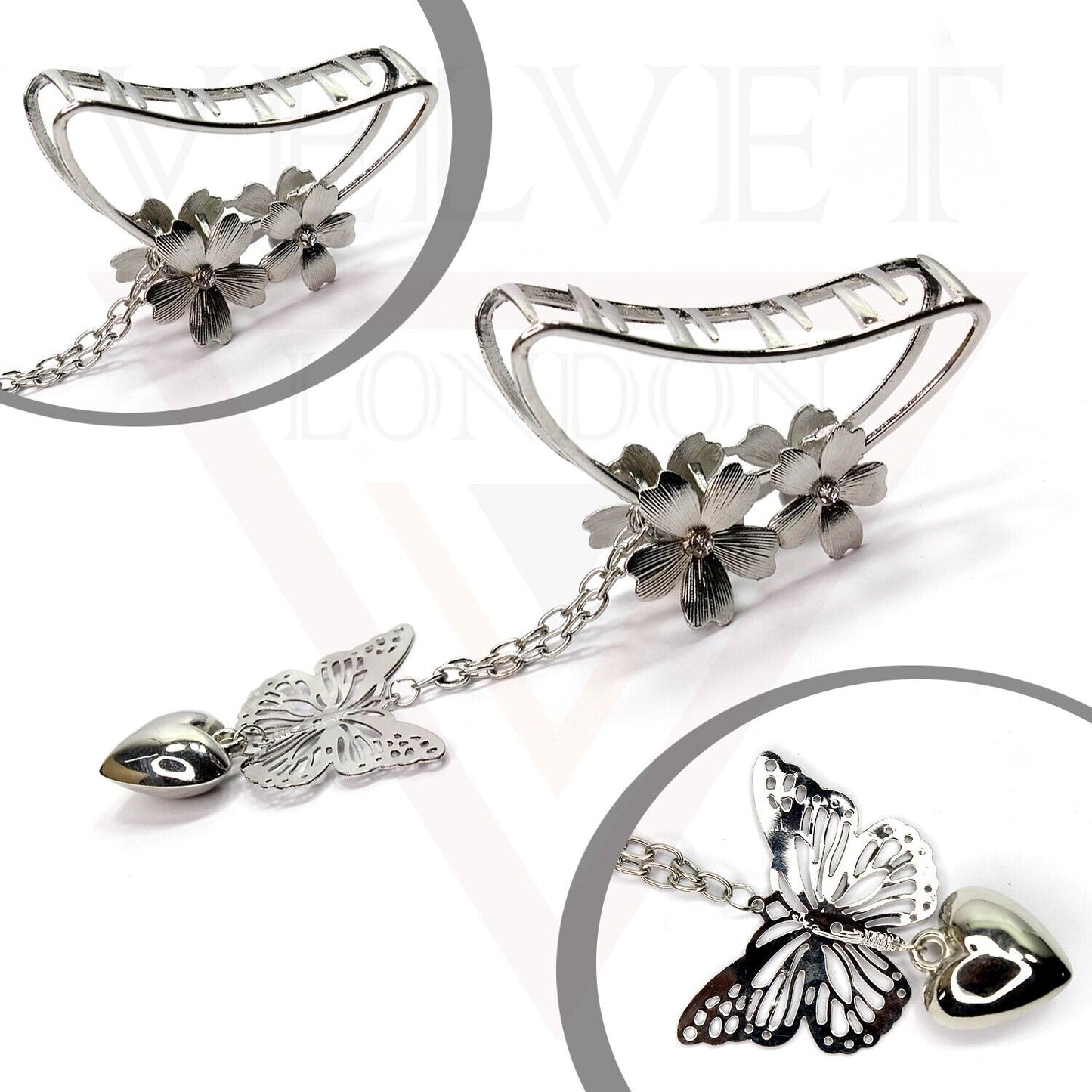 Dangle Butterfly Hair Claw D-Flower Metal Silver Hair Barrette Clips Large Grips