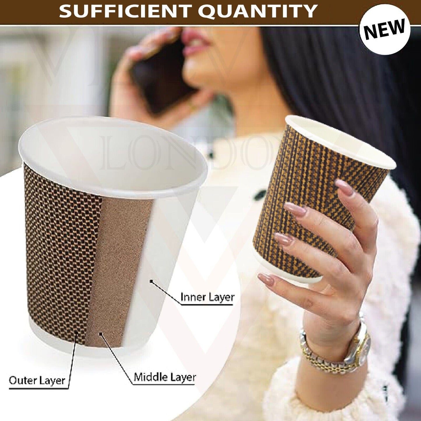 Disposable Coffee Cups Triple Layer Kraft Ripple Paper Cups Insulated Paper Cups