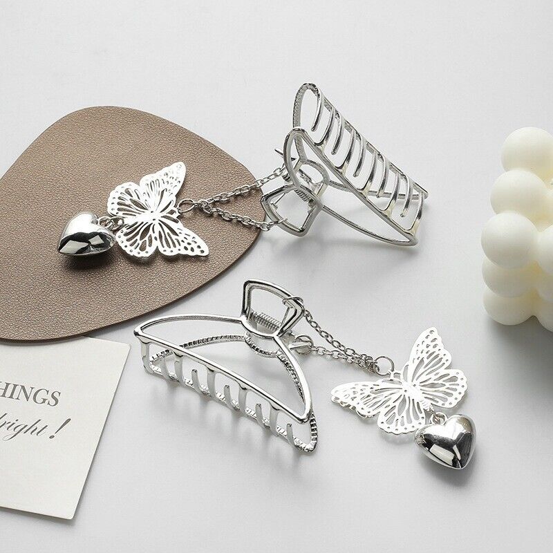 Big Hair Claw D-Shape Metal Heart Dangle Butterfly Clips Silver Hair Barrette