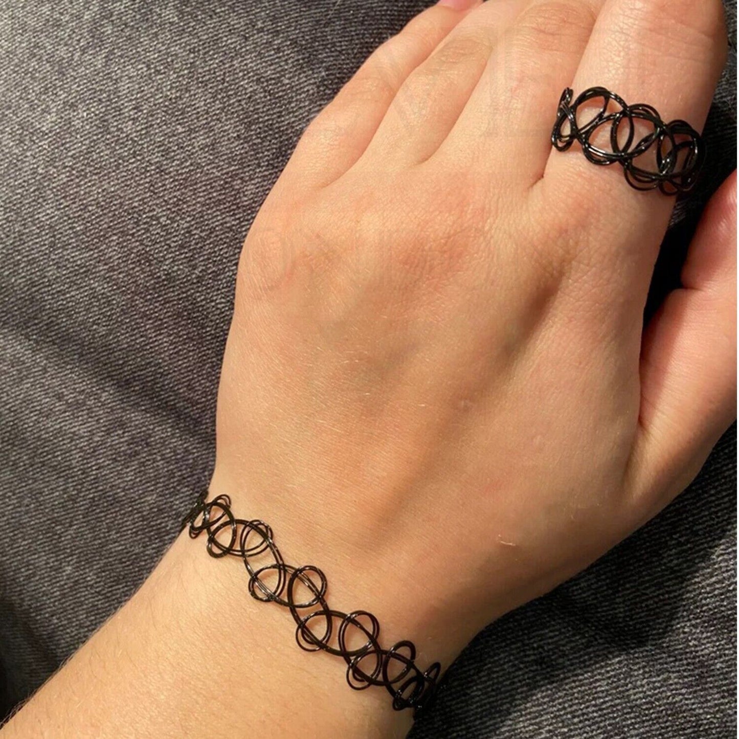 Tattoo Necklace Rings Bracelet Set Black Choker Retro Style Stretchable Handmade