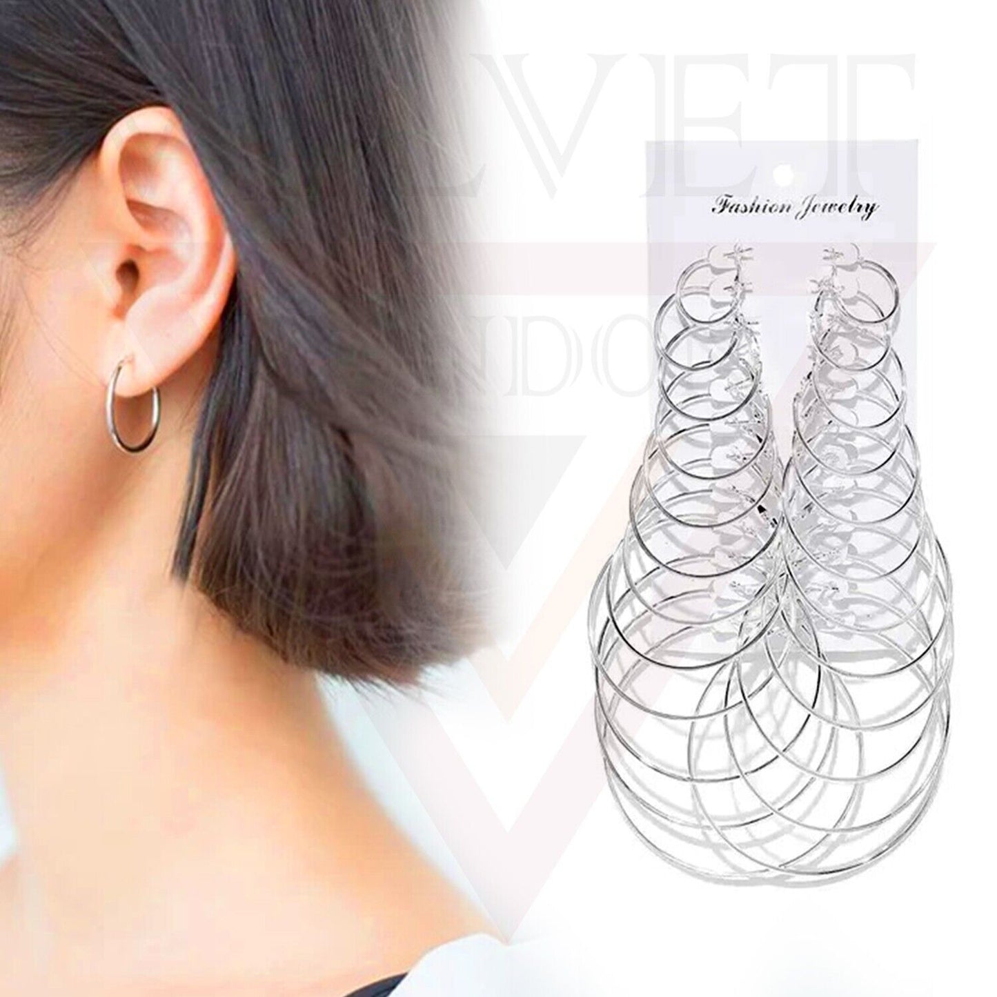 12 Pairs Hoop Earring Round Silver Metal Ear Rings Sets Earrings For Women Girl