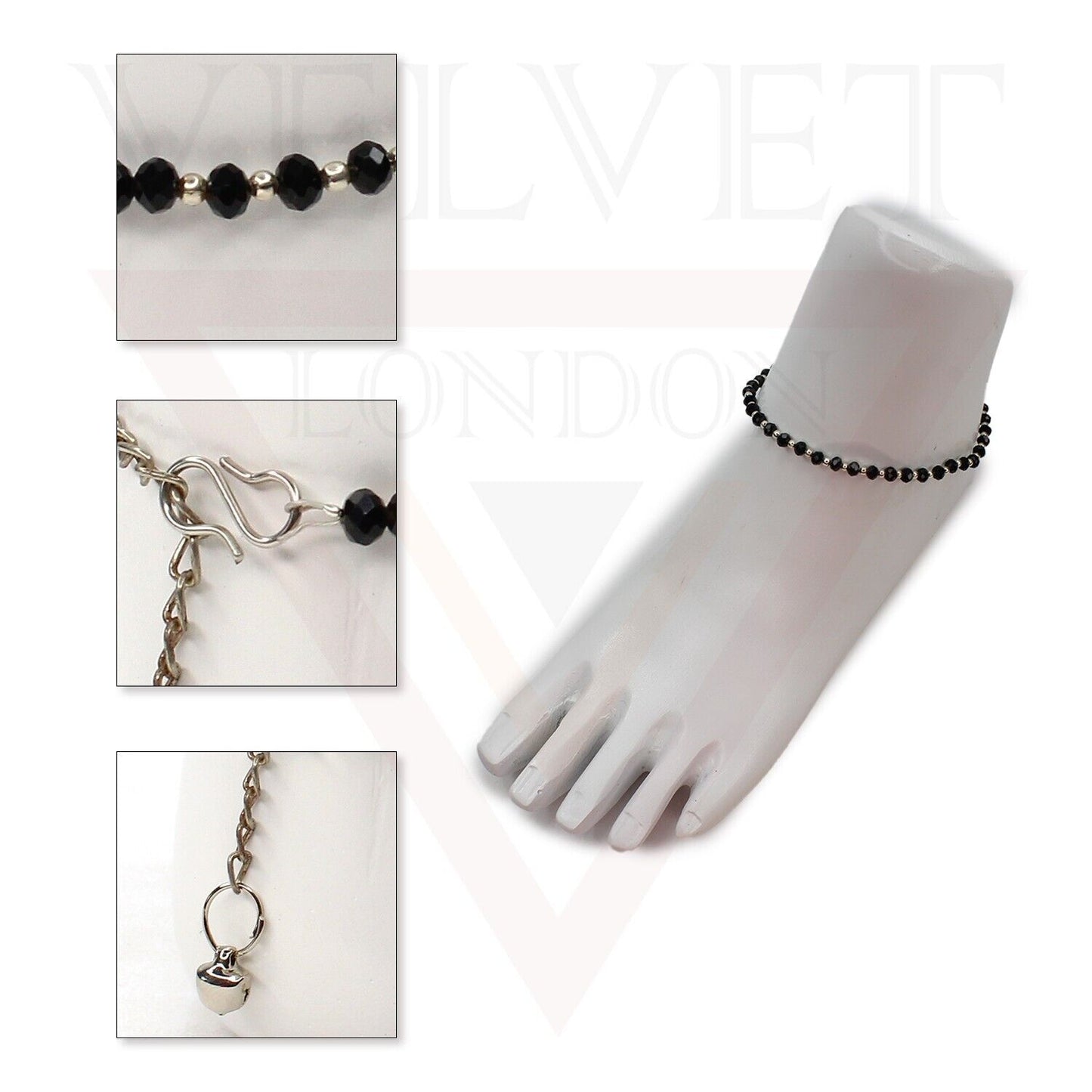 Black Bracelet Stone Glass Seed Bead Anklet With Extension Slim Stainless Chain