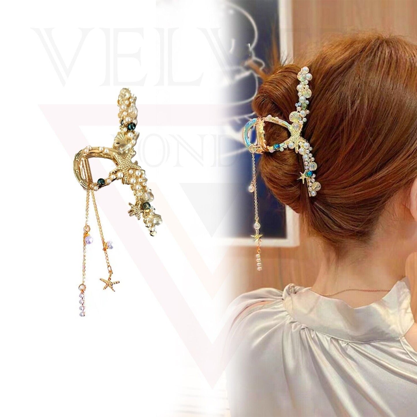 Pearl Hair Claw Big Gold Star Hair Clips Clamp Tassel Nonslip Hair Accessories
