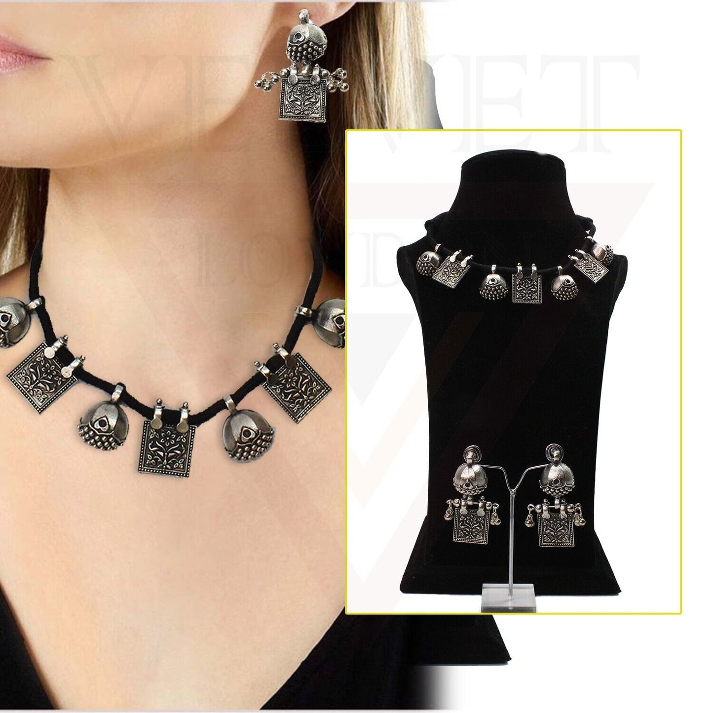 Necklace Earring Sets Tribal Cotton Thread Oxidised Necklace Girl Jewellery Sets