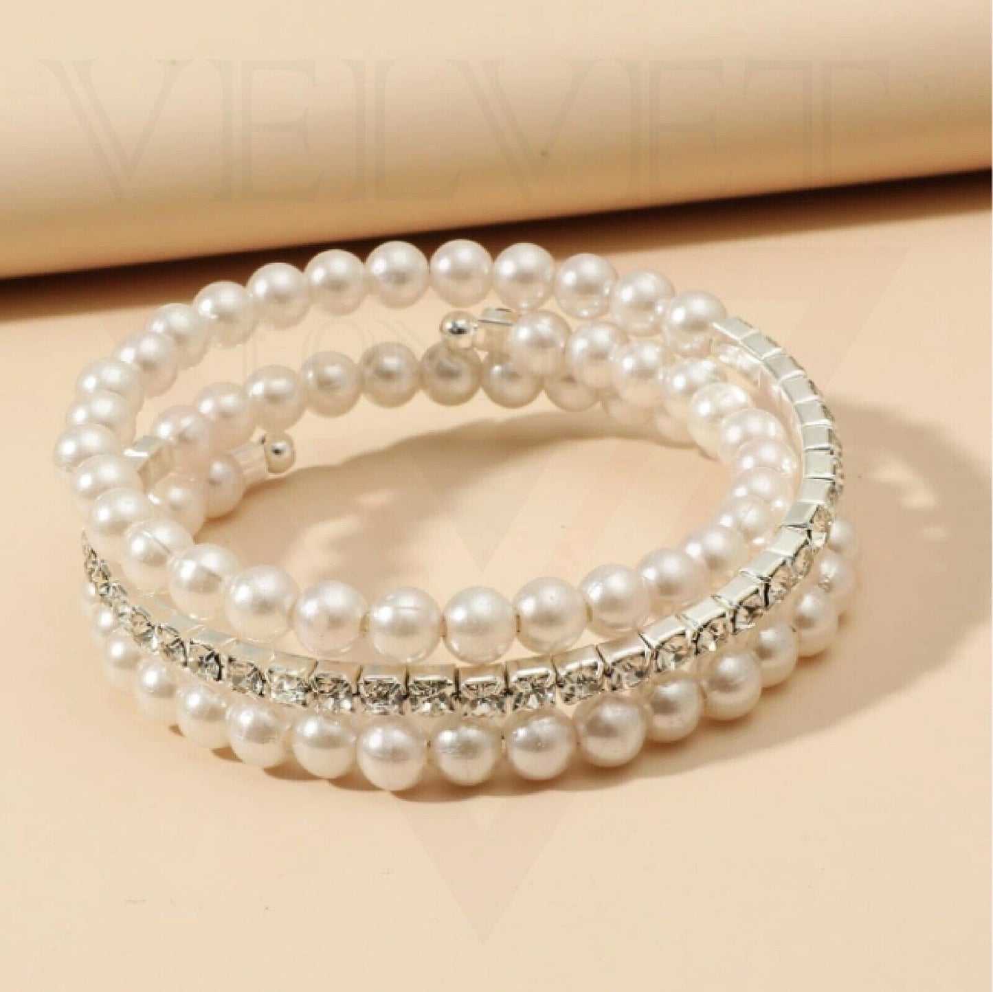 2x Rhinestone Diamond White Pearl Silver 3 Row Bangle Stretchable Bracelet