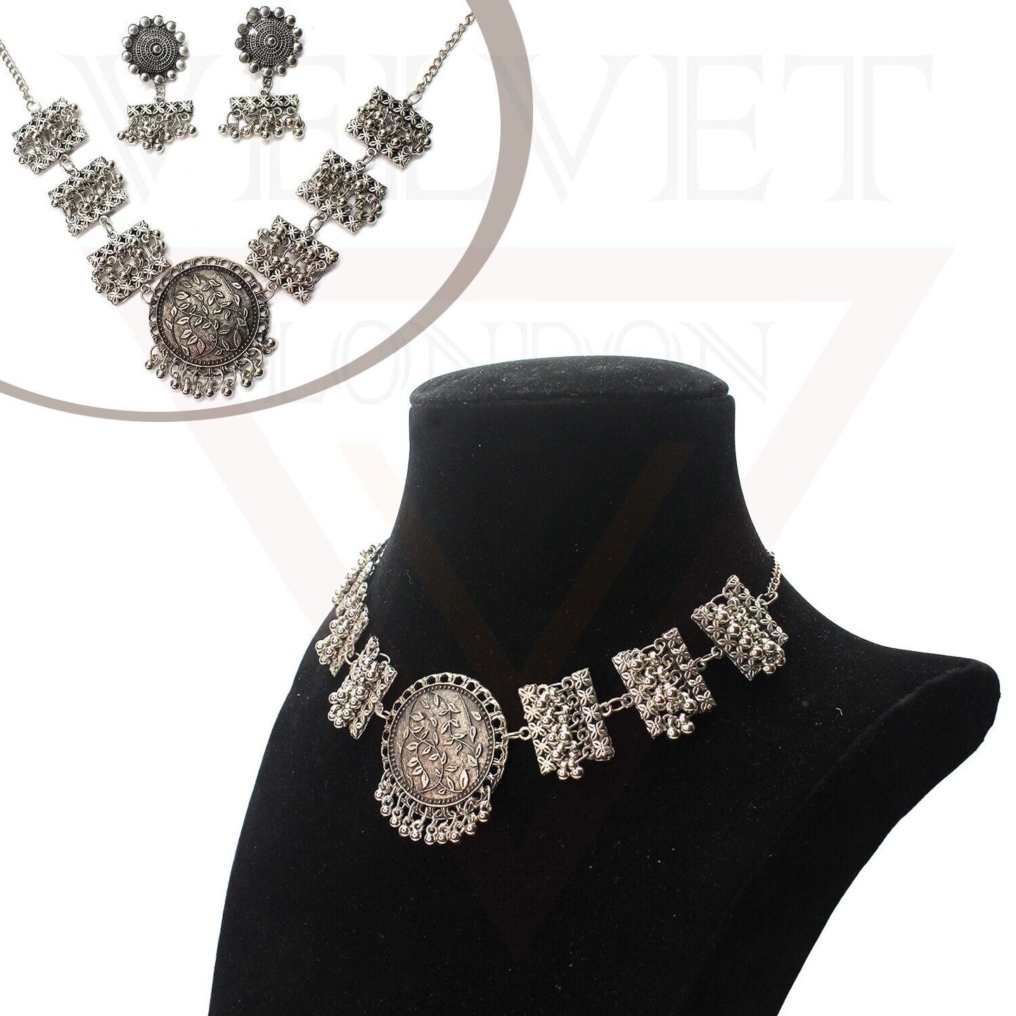 Antique German Flower Oxidized Traditional Necklace Set Boho Choker Ethnic UK