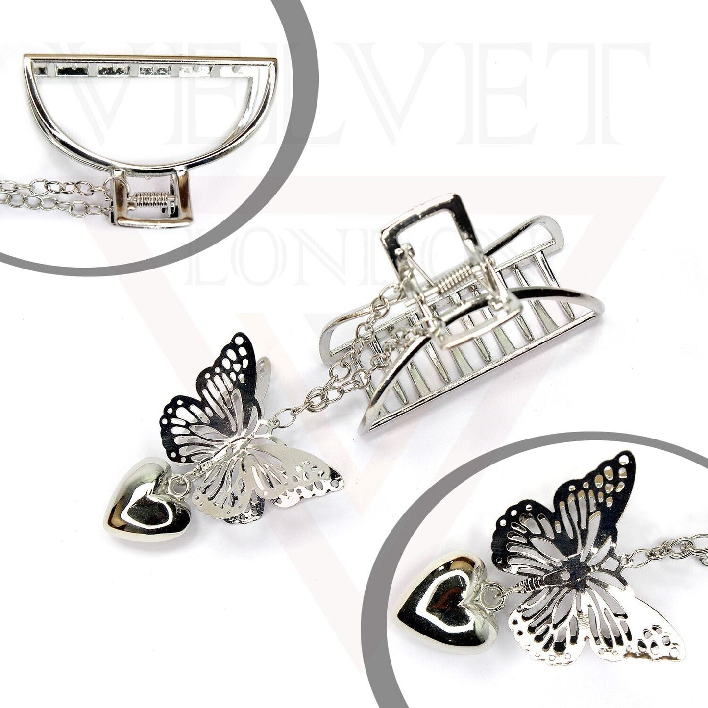 Big Hair Claw D-Shape Metal Heart Dangle Butterfly Clips Silver Hair Barrette