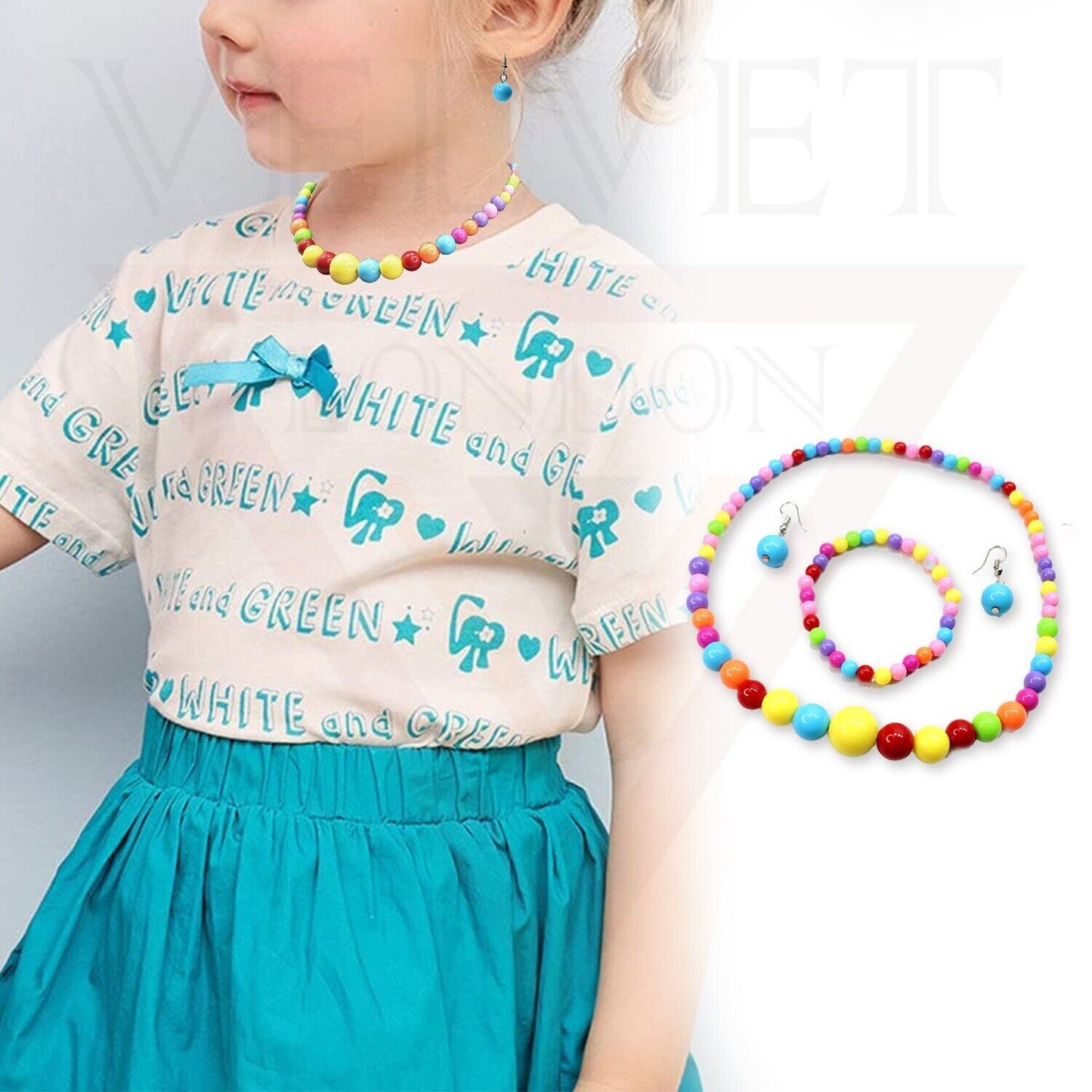 Necklace Drop Earrings And Flex Bracelet Elastic Beads Charm Baby Jewellery Set