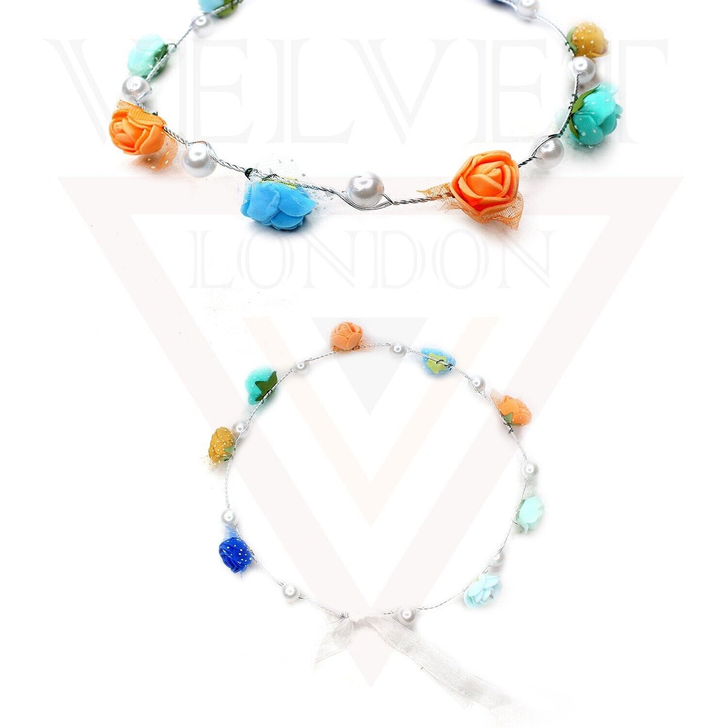 Flower Crown Tiara Headbands Pearl Silver Wire Ribbon Wedding Hawaiian Party