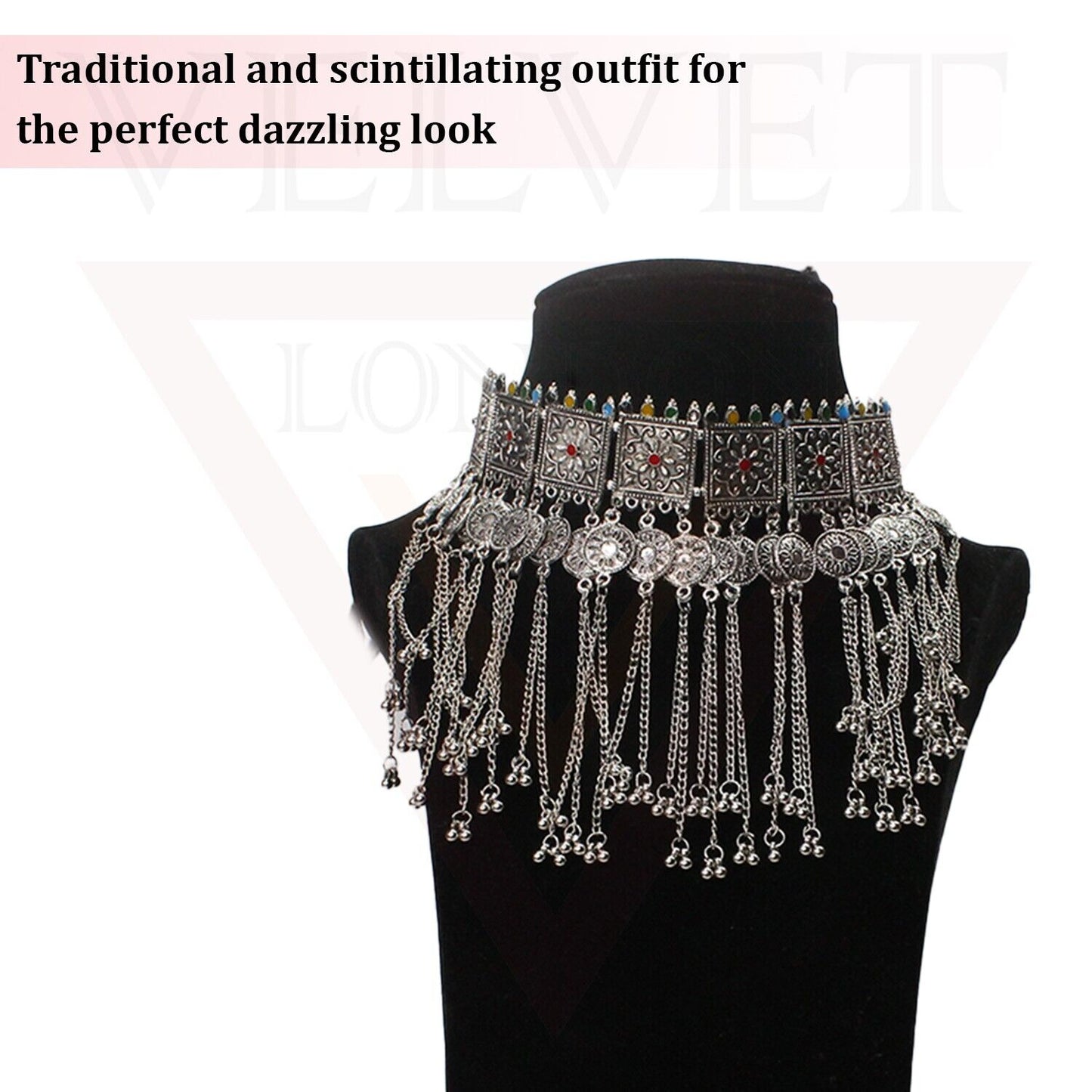 Antique Silver Oxidized Necklace Tassel Chain Thread Traditional Tribal Choker