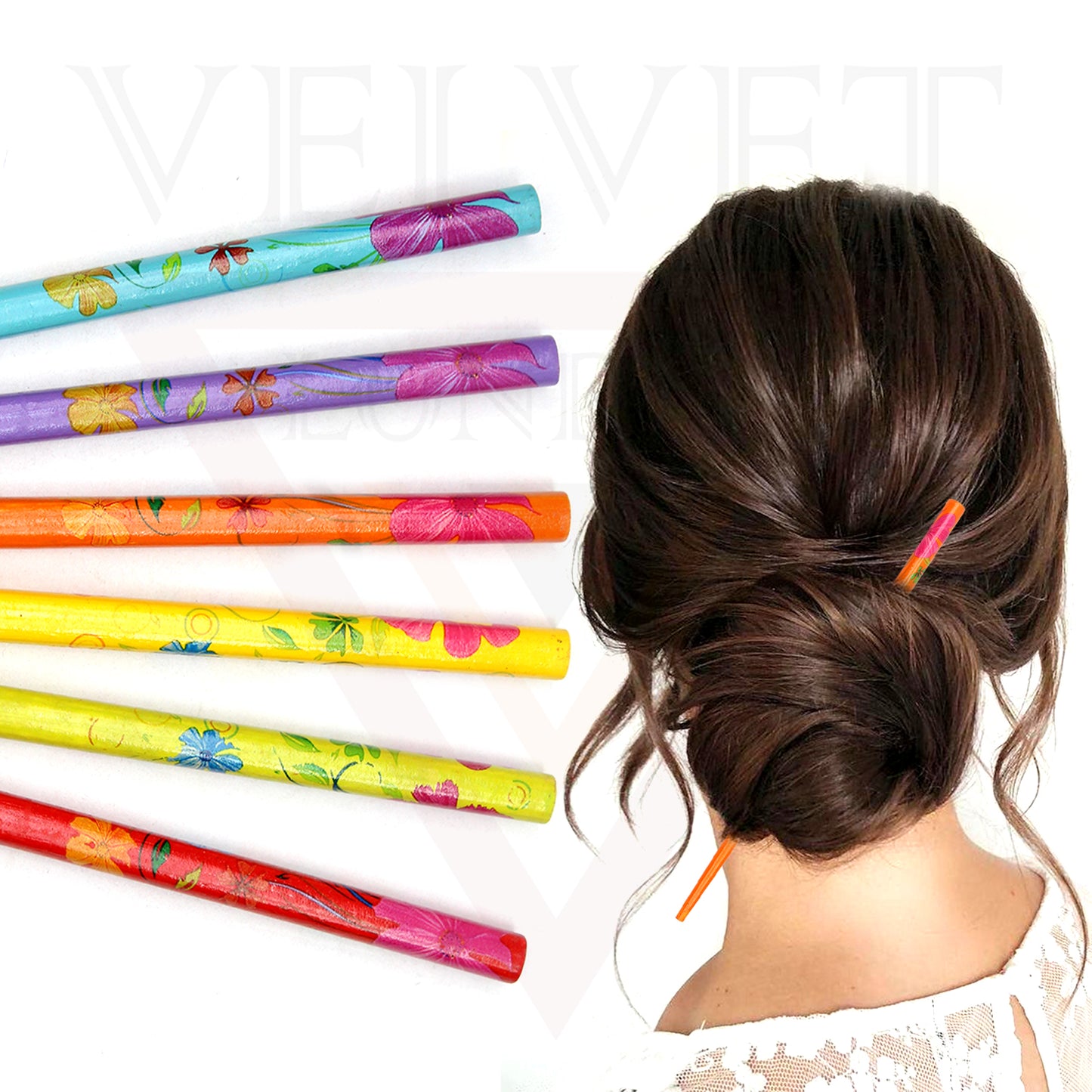 6x Assorted Wooden Colourful Long Hair Sticks Chopsticks Wooden Bun Holder Wood Stick UK