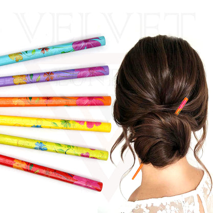 6x Assorted Wooden Colourful Long Hair Sticks Chopsticks Wooden Bun Holder Wood Stick UK