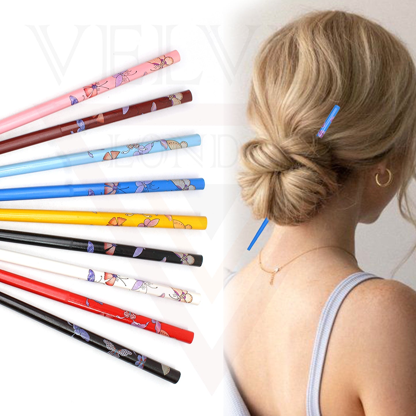 12x Assorted Wooden Colourful Long Hair Sticks Chopsticks Wooden Bun Holder Wood Stick Hair Accessories UK