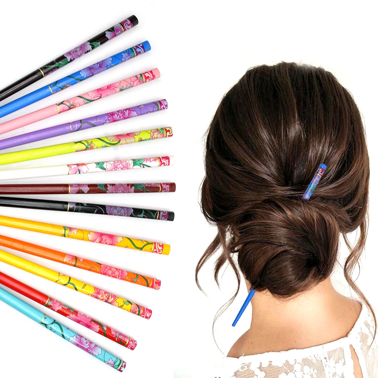 6x Assorted Wooden Colourful Long Hair Sticks Chopsticks Wooden Bun Holder Wood Stick UK