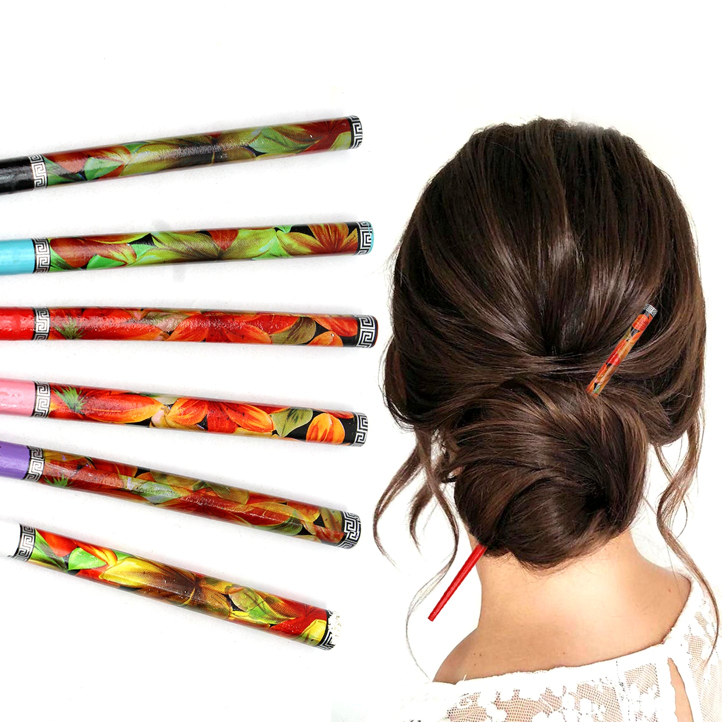 6x Assorted Wooden Colourful Long Hair Sticks Chopsticks Wooden Bun Holder Wood Stick UK