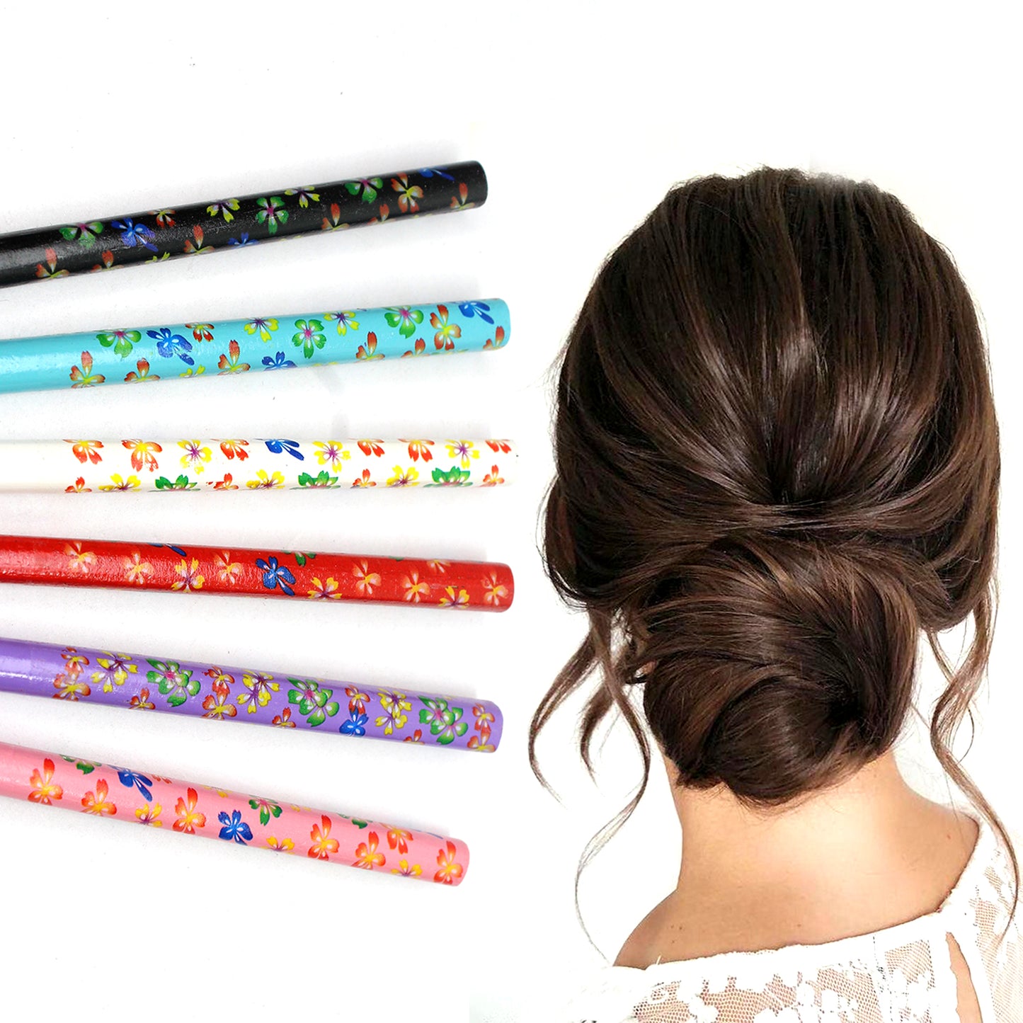 6x Assorted Wooden Colourful Long Hair Sticks Chopsticks Wooden Bun Holder Wood Stick UK