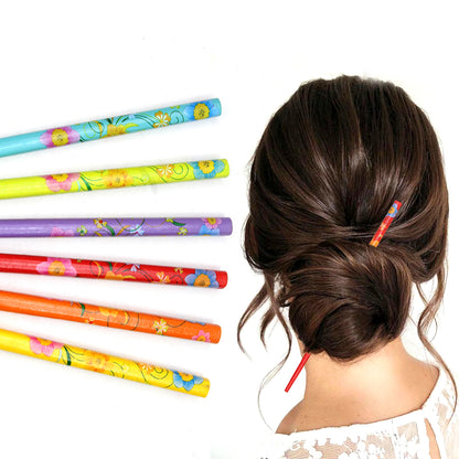 6x Assorted Wooden Colourful Long Hair Sticks Chopsticks Wooden Bun Holder Wood Stick UK