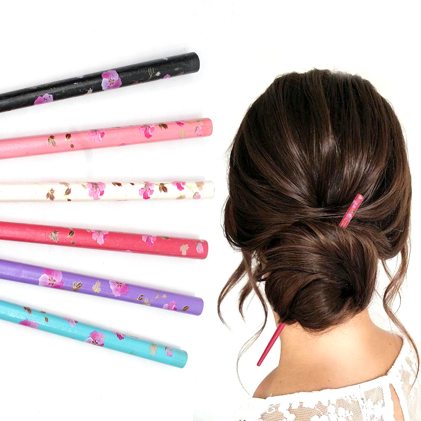 6x Assorted Wooden Colourful Long Hair Sticks Chopsticks Wooden Bun Holder Wood Stick UK