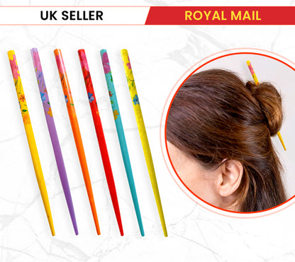 6x Assorted Wooden Colourful Long Hair Sticks Chopsticks Wooden Bun Holder Wood Stick UK