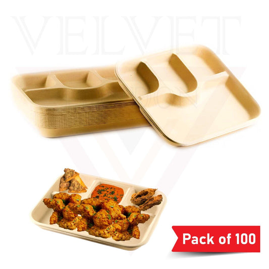 100pcs Bagasse Disposable Party Paper Plates Biodegradable Divided Food Trays