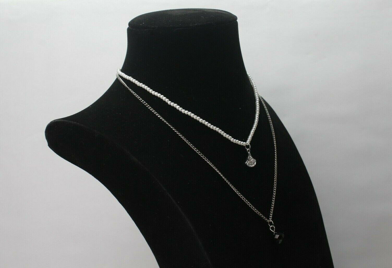 Chain Necklace 2 Layers Silver Chain Choker White Beads Pearl Jewelry Necklace
