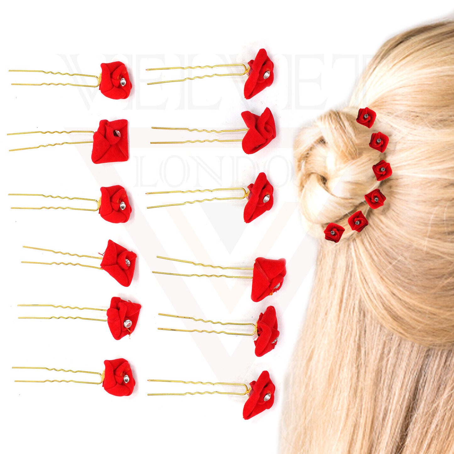 12x Rose Hair Clips Diamond U Pins Bridal Headdress Wedding Flower Pins Brooch
