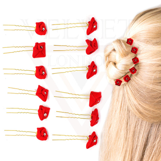 12x Rose Hair Clips Diamond U Pins Bridal Headdress Wedding Flower Pins Brooch