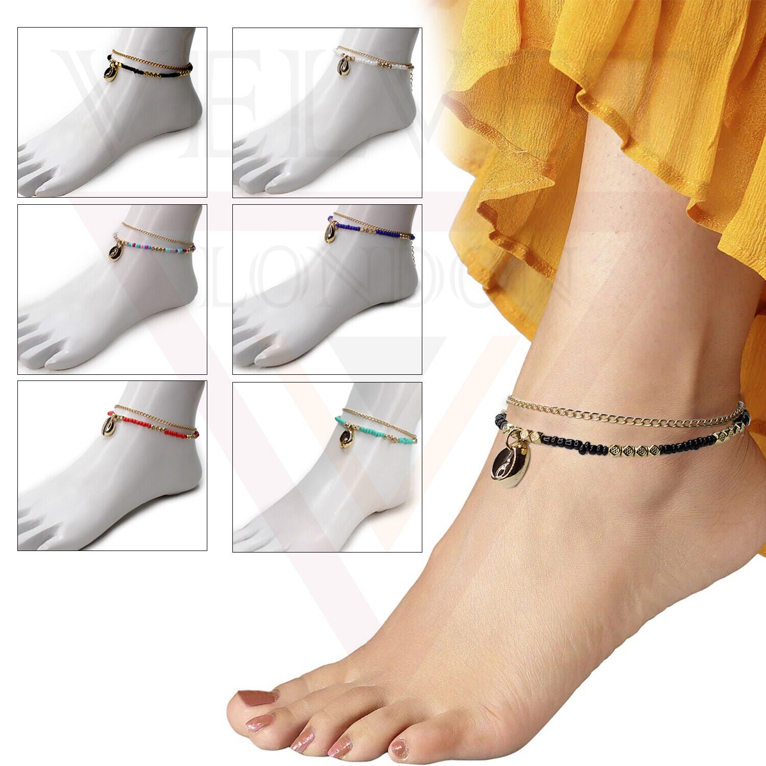Cord Anklet Ankle Bracelet Crystal Bead Beach Adjustable Golden Foot Jewellery