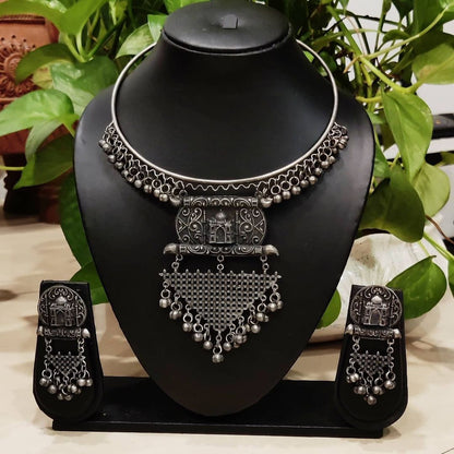 Antique Silver Oxidized Necklace Earrings Traditional Set Boho Hasli Choker