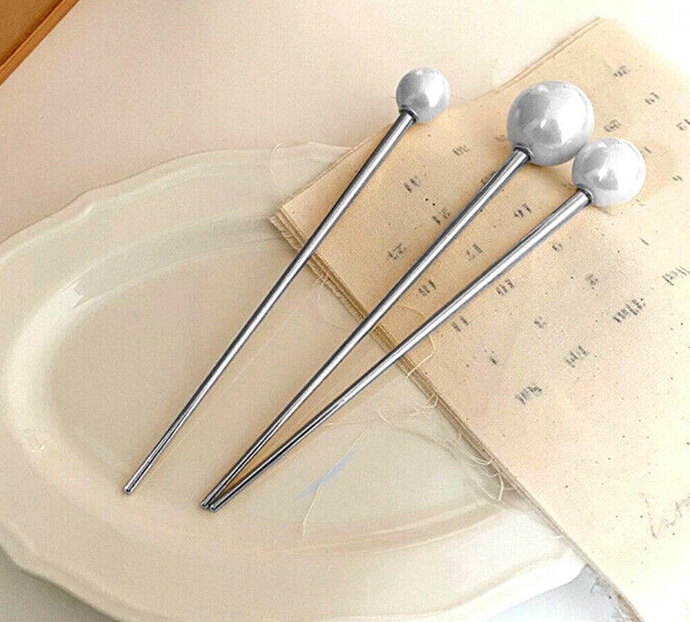 2x Pearl Chopstick Bun Holder Stick Hairpin Headwear Chinese Metal Hair Stick