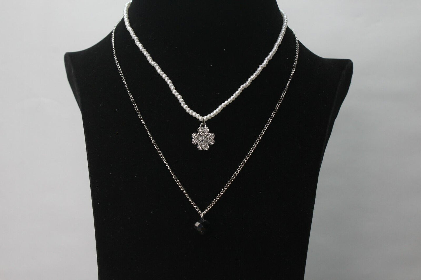 Chain Necklace 2 Layers Silver Chain Choker White Beads Pearl Jewelry Necklace
